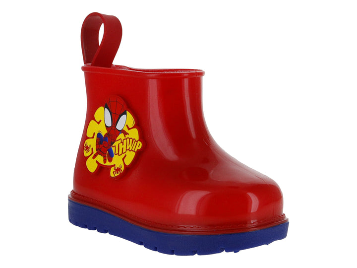 Bota de lluvia roja para niño con diseño de Spider-Man y suela azul.