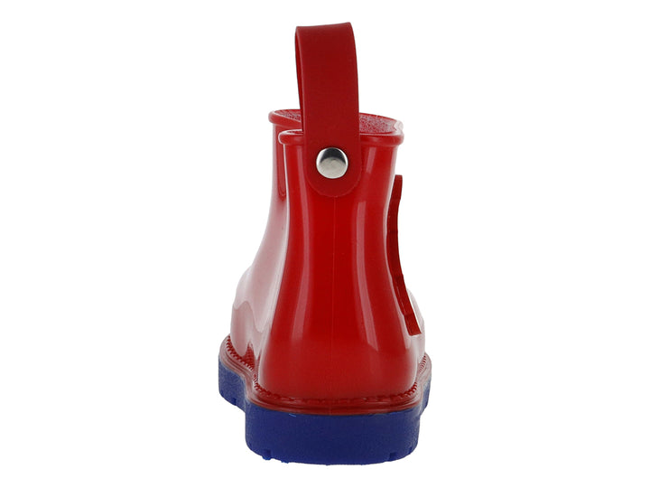 Bota de lluvia roja para niño con diseño de Spider-Man y suela azul.