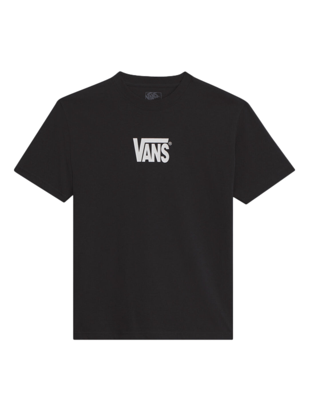 Hombre vistiendo una camiseta negra de manga corta con el logotipo de VANS en blanco en el pecho.
