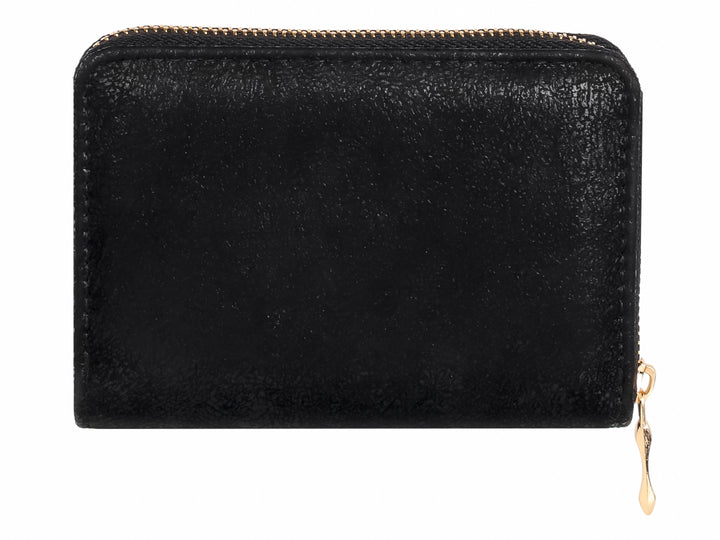 Monedero negro con textura granulada, cierre y placa metálica en color dorado.