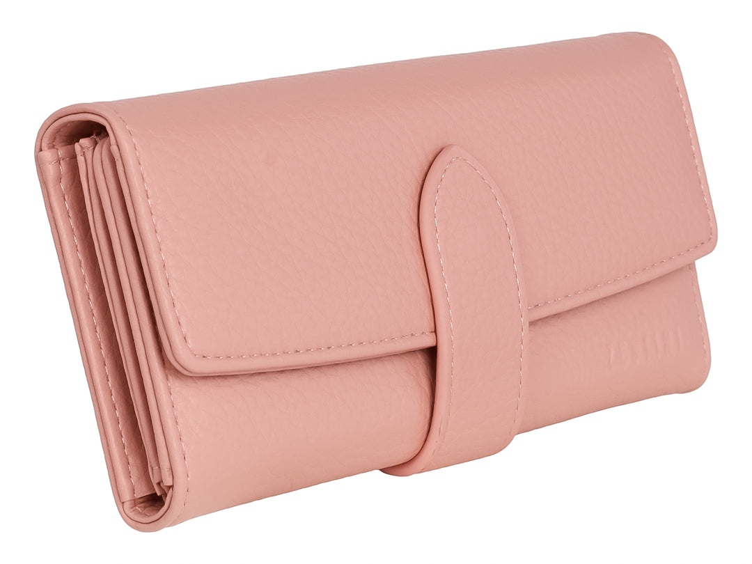 Cartera Felianna de color rosa con textura granulada y cierre de solapa central.