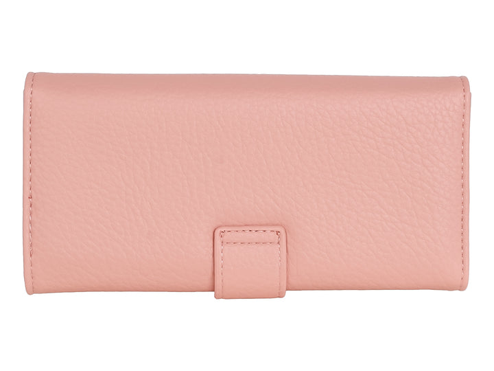 Cartera Felianna de color rosa con textura granulada y cierre de solapa central.