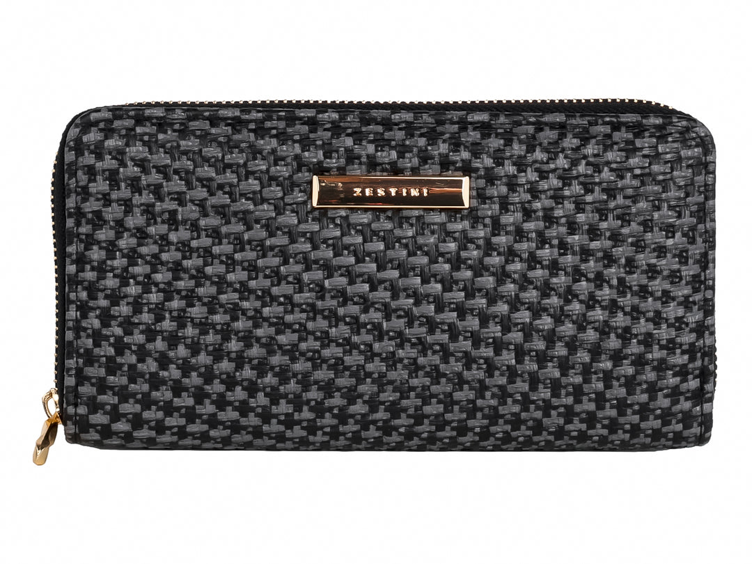 Monedero rectangular negro y gris con textura tejida y detalles en dorado.