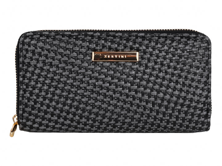 Monedero rectangular negro y gris con textura tejida y detalles en dorado.