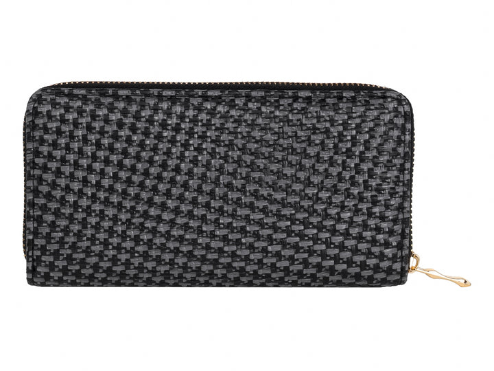 Monedero rectangular negro y gris con textura tejida y detalles en dorado.