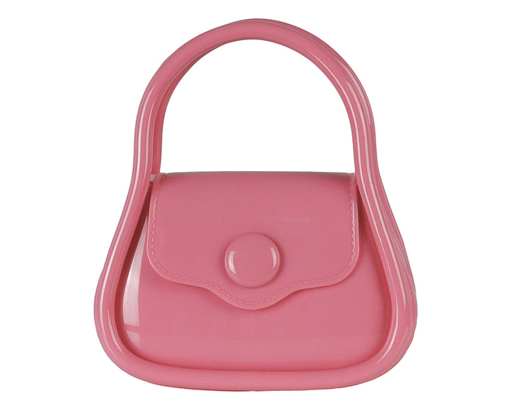 Bolsa de plástico color fucsia brillante con asa superior y cierre de solapa.