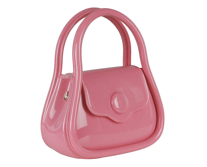 Bolsa de plástico color fucsia brillante con asa superior y cierre de solapa.