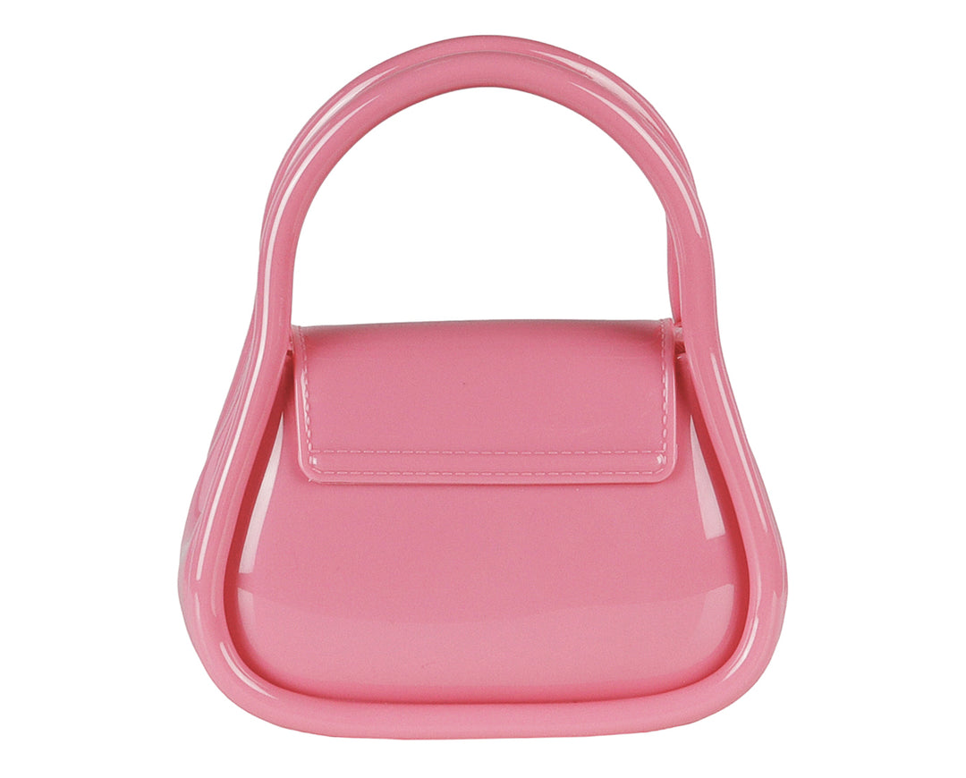 Bolsa de plástico color fucsia brillante con asa superior y cierre de solapa.