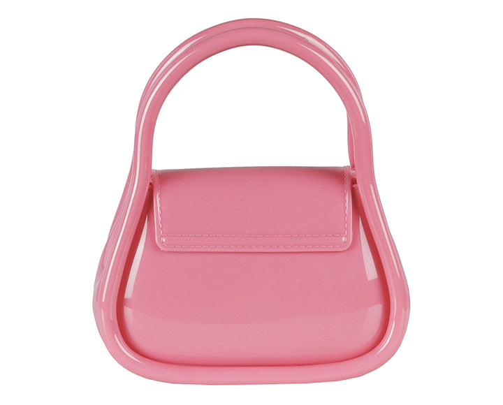 Bolsa de plástico color fucsia brillante con asa superior y cierre de solapa.
