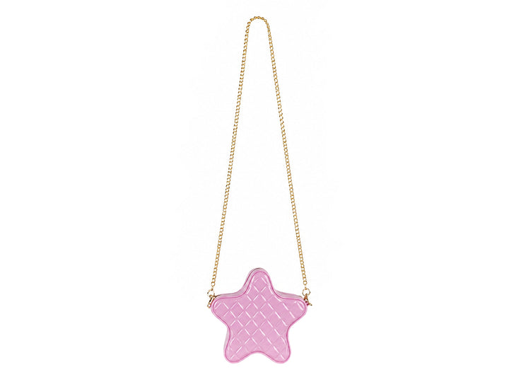 Bolsa de hombro en forma de estrella color rosa con acabado brillante y textura acolchada.