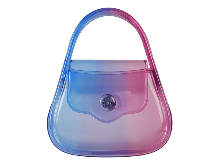 Bolsa de hombro ROZE multicolor con acabado transparente y degradado de azul a rosa.
