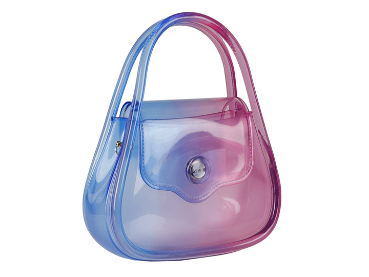 Bolsa de hombro ROZE multicolor con acabado transparente y degradado de azul a rosa.