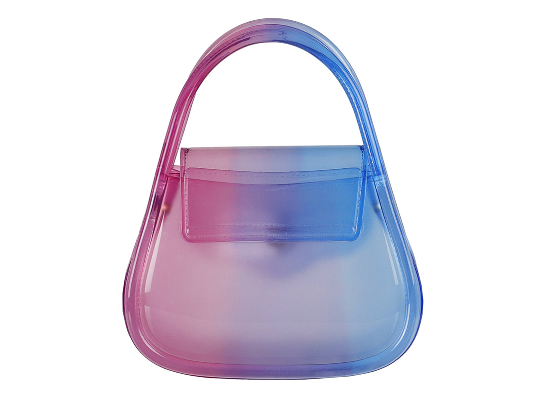 Bolsa de hombro ROZE multicolor con acabado transparente y degradado de azul a rosa.