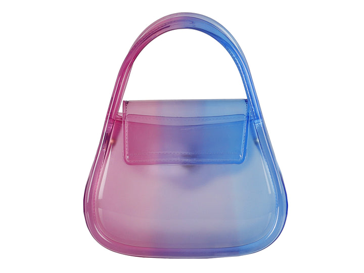 Bolsa de hombro ROZE multicolor con acabado transparente y degradado de azul a rosa.