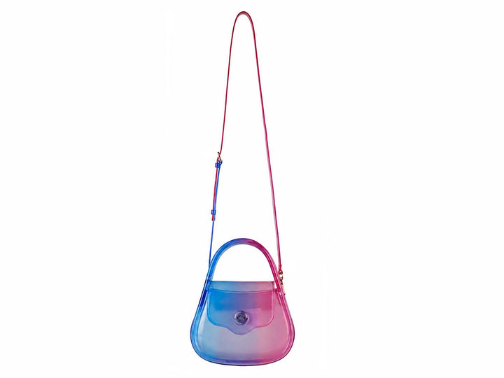 Bolsa de hombro ROZE multicolor con acabado transparente y degradado de azul a rosa.