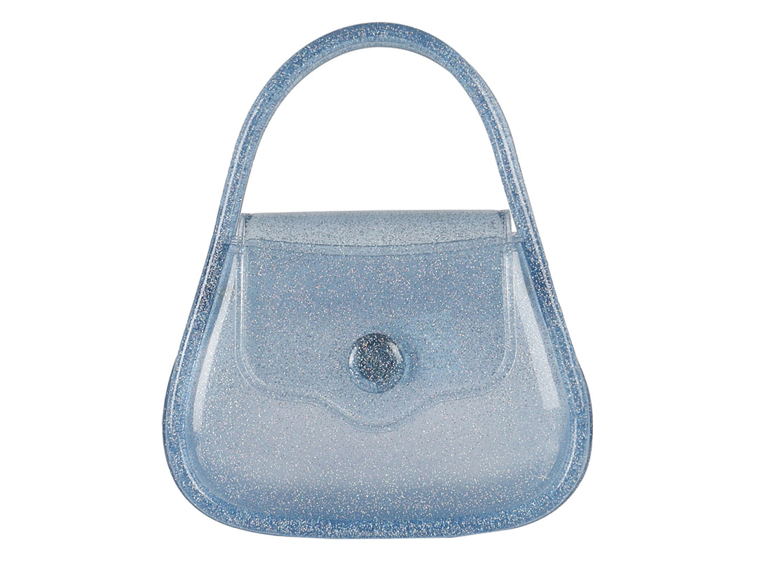 Bolsa de hombro de plástico color azul con glitter y asa superior.