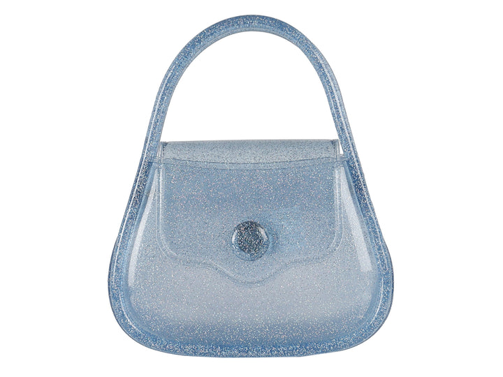 Bolsa de hombro de plástico color azul con glitter y asa superior.