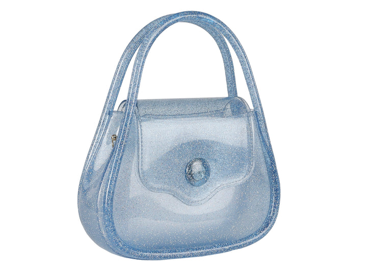Bolsa de hombro de plástico color azul con glitter y asa superior.