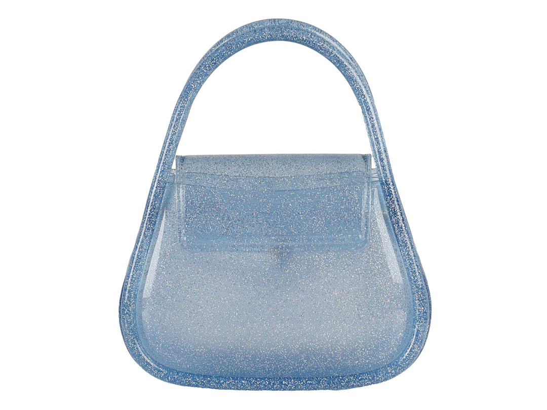 Bolsa de hombro de plástico color azul con glitter y asa superior.