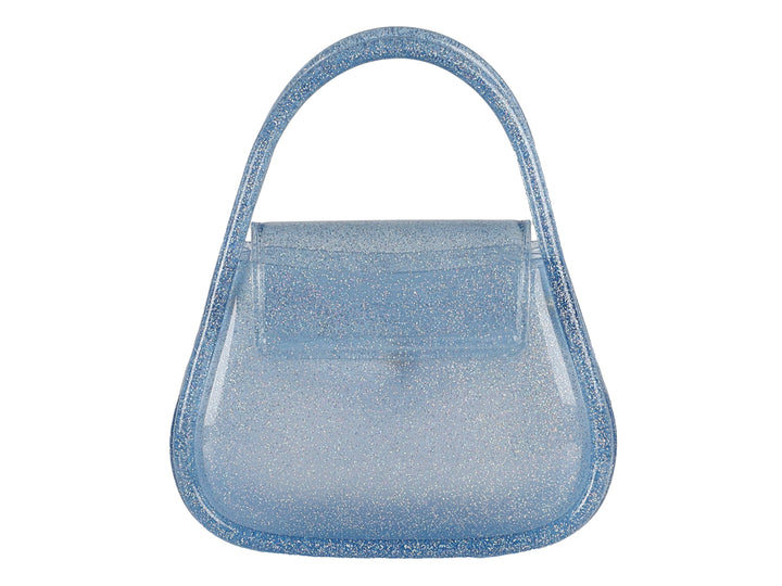 Bolsa de hombro de plástico color azul con glitter y asa superior.
