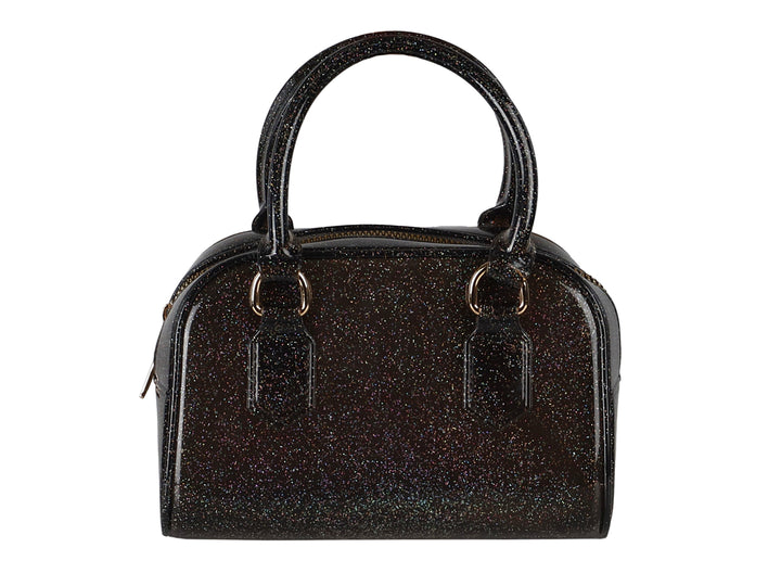 Bolsa de plástico color negro con acabado glitter y asas superiores.