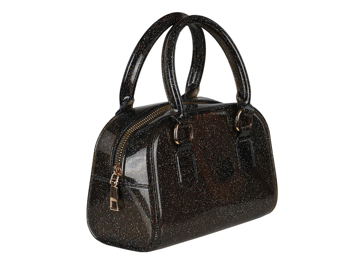 Bolsa de plástico color negro con acabado glitter y asas superiores.