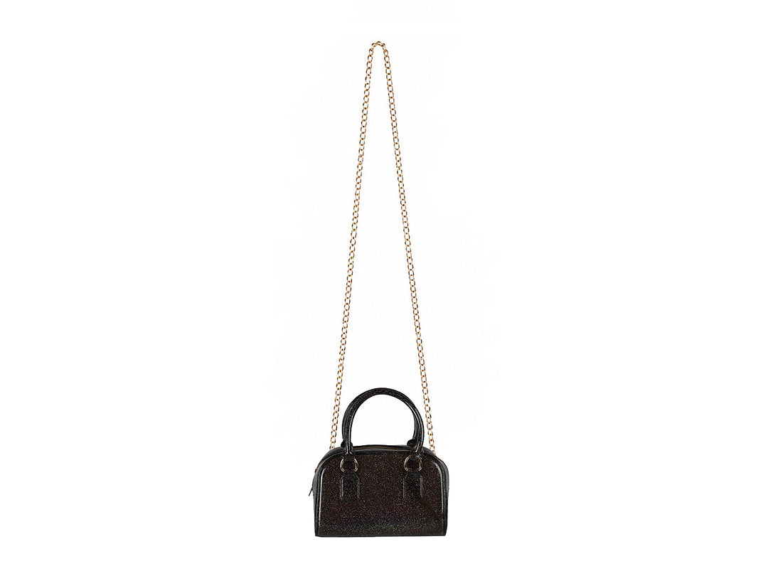 Bolsa de plástico color negro con acabado glitter y asas superiores.