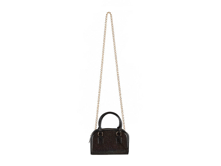Bolsa de plástico color negro con acabado glitter y asas superiores.