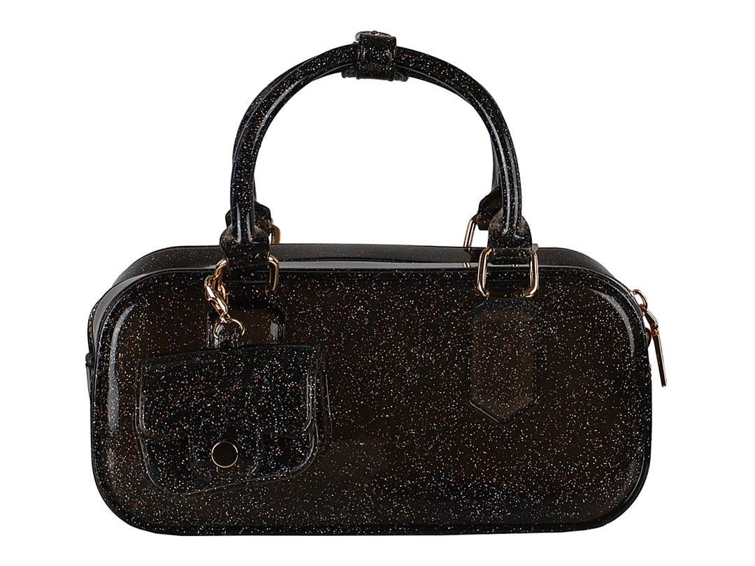 Bolsa de mano color negro con acabado glitter y herrajes dorados.