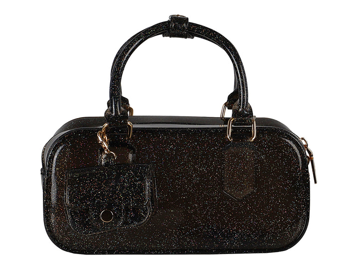 Bolsa de mano color negro con acabado glitter y herrajes dorados.