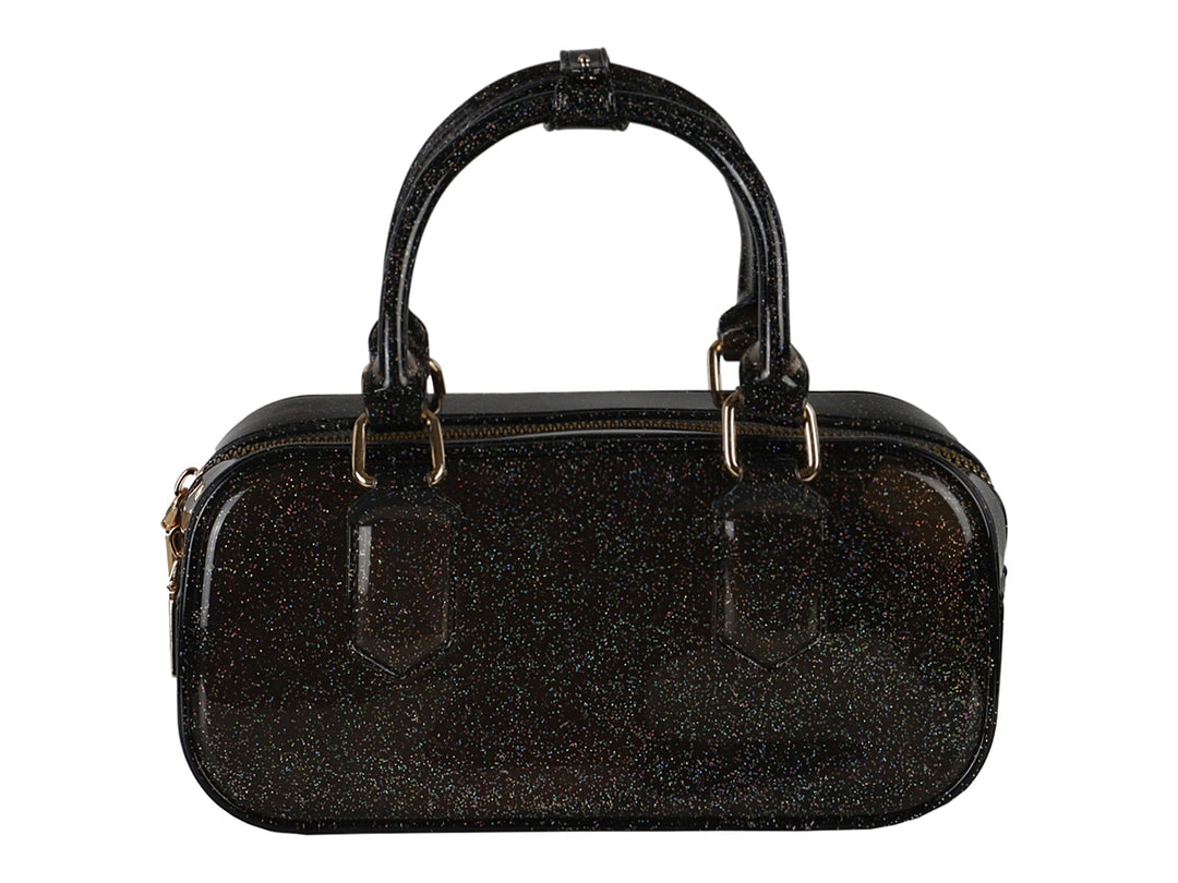 Bolsa de mano color negro con acabado glitter y herrajes dorados.