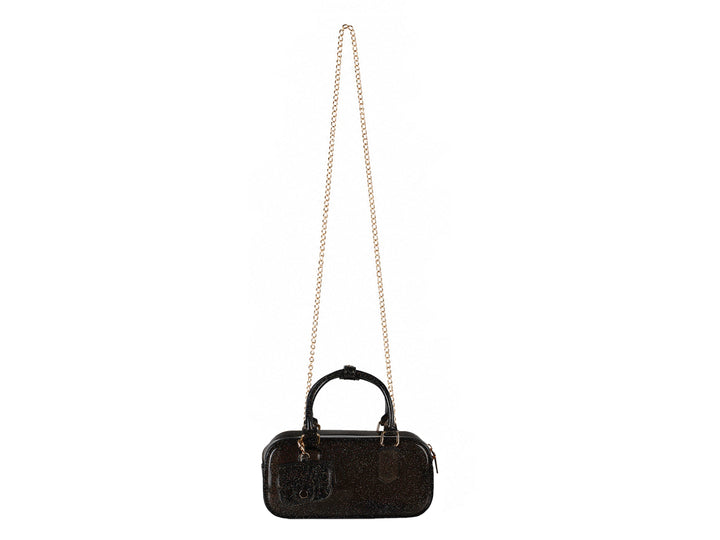 Bolsa de mano color negro con acabado glitter y herrajes dorados.
