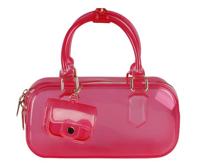 Bolsa de mano transparente color fucsia con detalles dorados y un pequeño monedero adjunto.