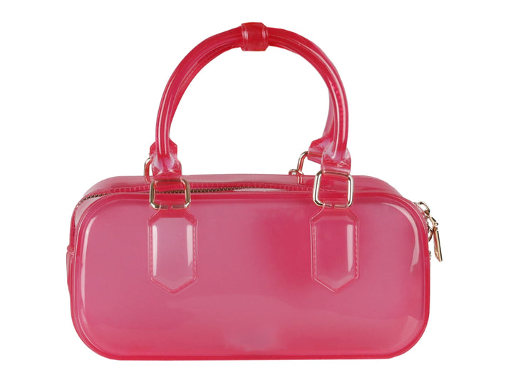Bolsa de mano transparente color fucsia con detalles dorados y un pequeño monedero adjunto.