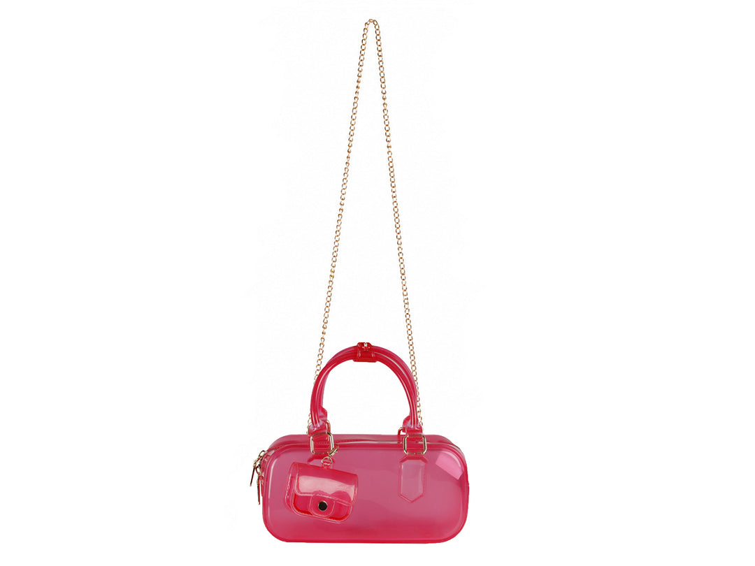 Bolsa de mano transparente color fucsia con detalles dorados y un pequeño monedero adjunto.