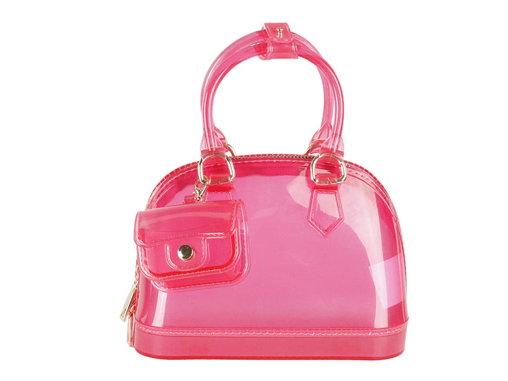 Bolsa de mano color fucsia brillante con asa superior y un pequeño bolsillo frontal con botón plateado.