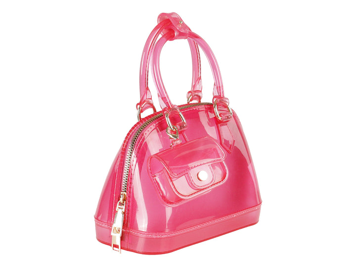 Bolsa de mano color fucsia brillante con asa superior y un pequeño bolsillo frontal con botón plateado.