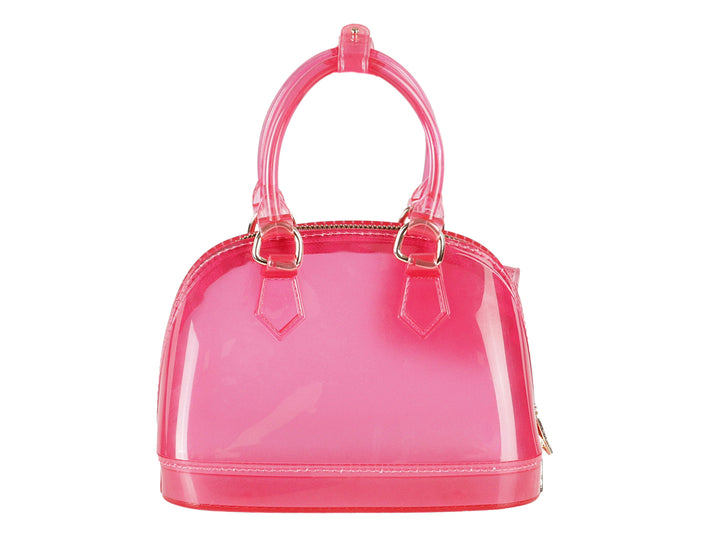 Bolsa de mano color fucsia brillante con asa superior y un pequeño bolsillo frontal con botón plateado.