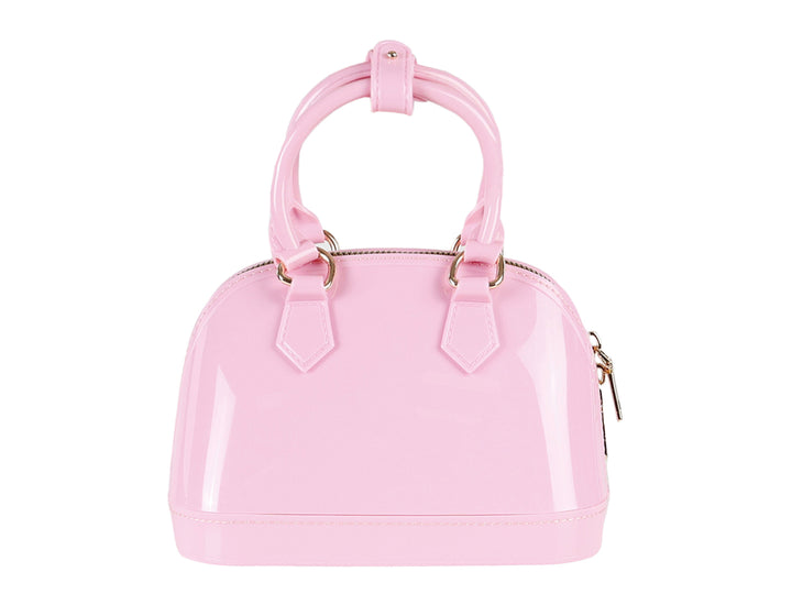 Bolsa de mano color rosa brillante con asa superior y detalles metálicos dorados.