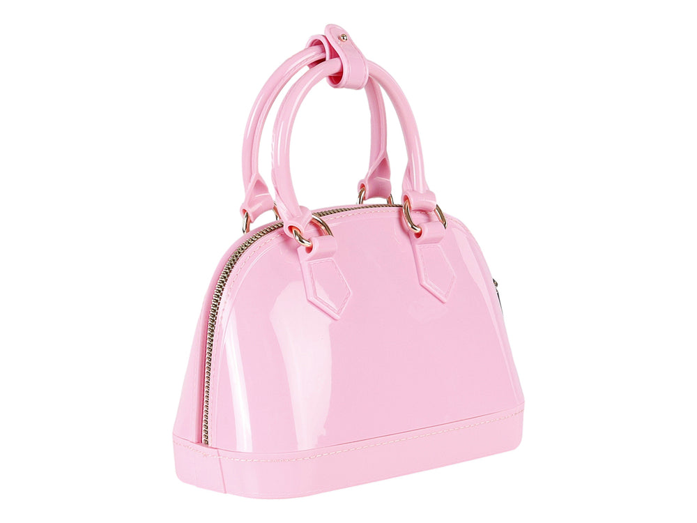 Bolsa de mano color rosa brillante con asa superior y detalles metálicos dorados.