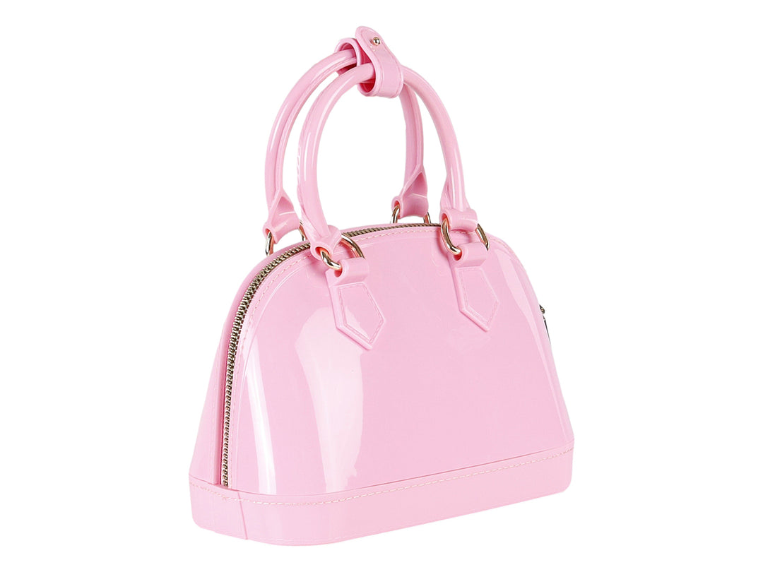 Bolsa de mano color rosa brillante con asa superior y detalles metálicos dorados.