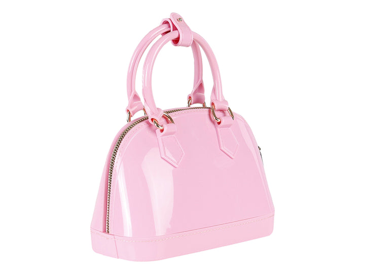 Bolsa de mano color rosa brillante con asa superior y detalles metálicos dorados.