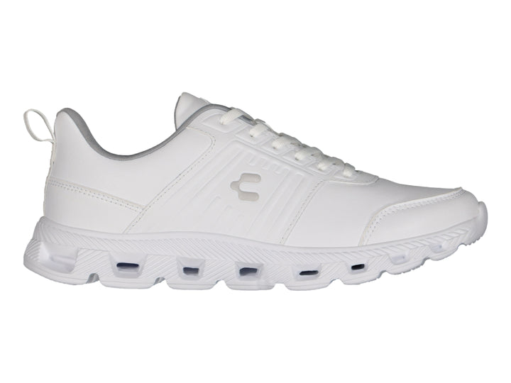 Tenis deportivos Charly color blanco con suela blanca y cordones.