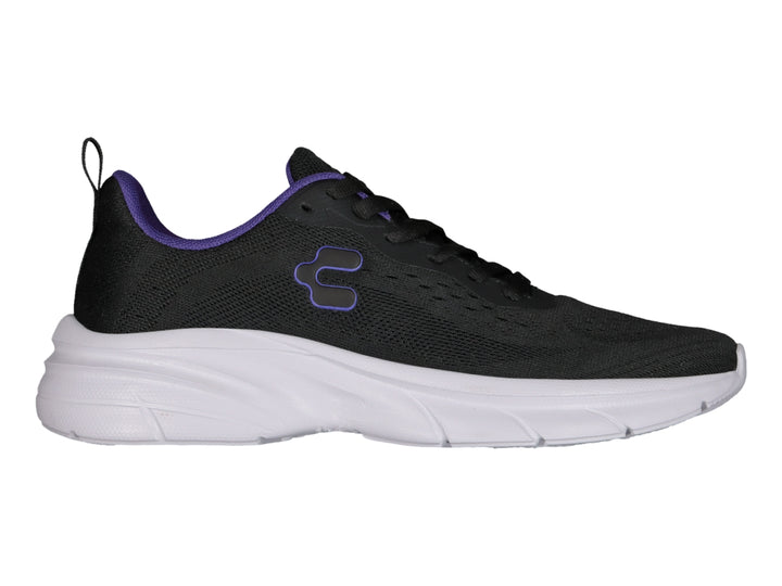 Tenis deportivos Charly color negro con suela blanca y detalles en morado.