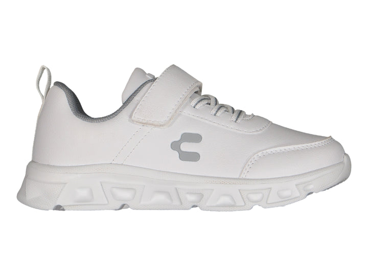 Tenis deportivos Charly color blanco para niño con cierre de velcro y suela blanca robusta.