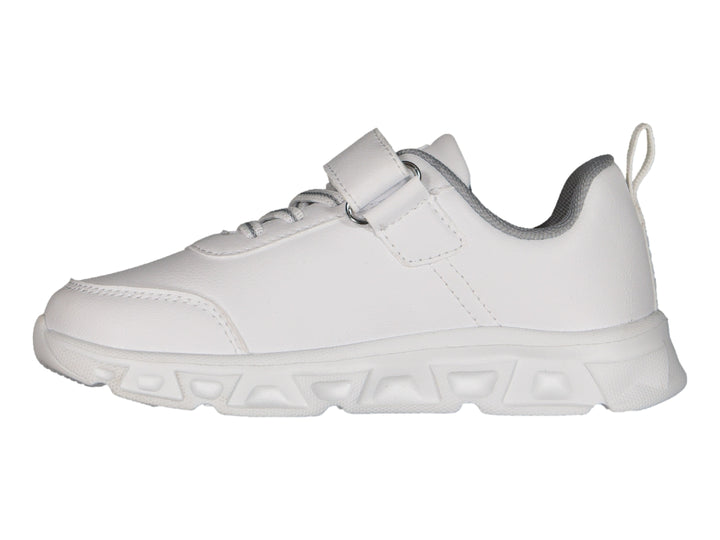 Tenis deportivos Charly color blanco para niño con cierre de velcro y suela blanca robusta.