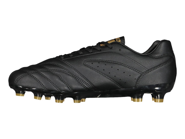 Zapato de fútbol Charly color negro con detalles y tacos en color dorado.