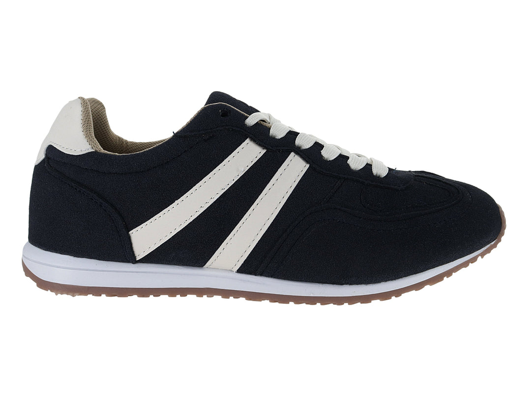 Tenis ATOK color marino con franjas laterales y suela color latte para mujer.