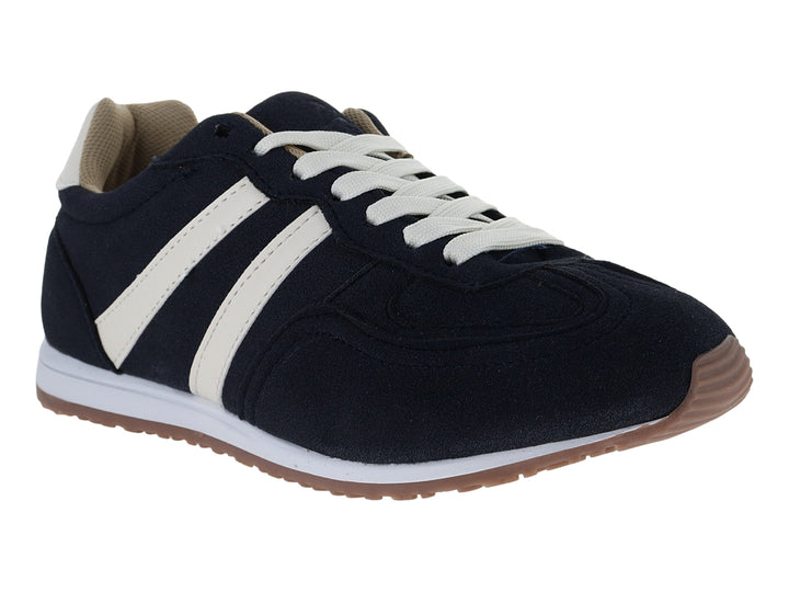 Tenis ATOK color marino con franjas laterales y suela color latte para mujer.