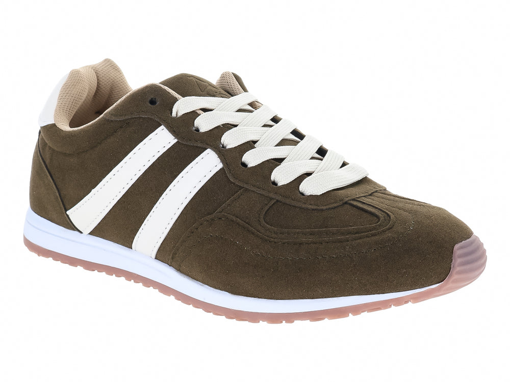 Tenis ATOK color verde militar con franjas blancas y suela blanca